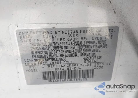 2017 Nissan Versa 1.6 Sv z USA, uszkodzony, nr VIN 3N1CN7AP7HL859655